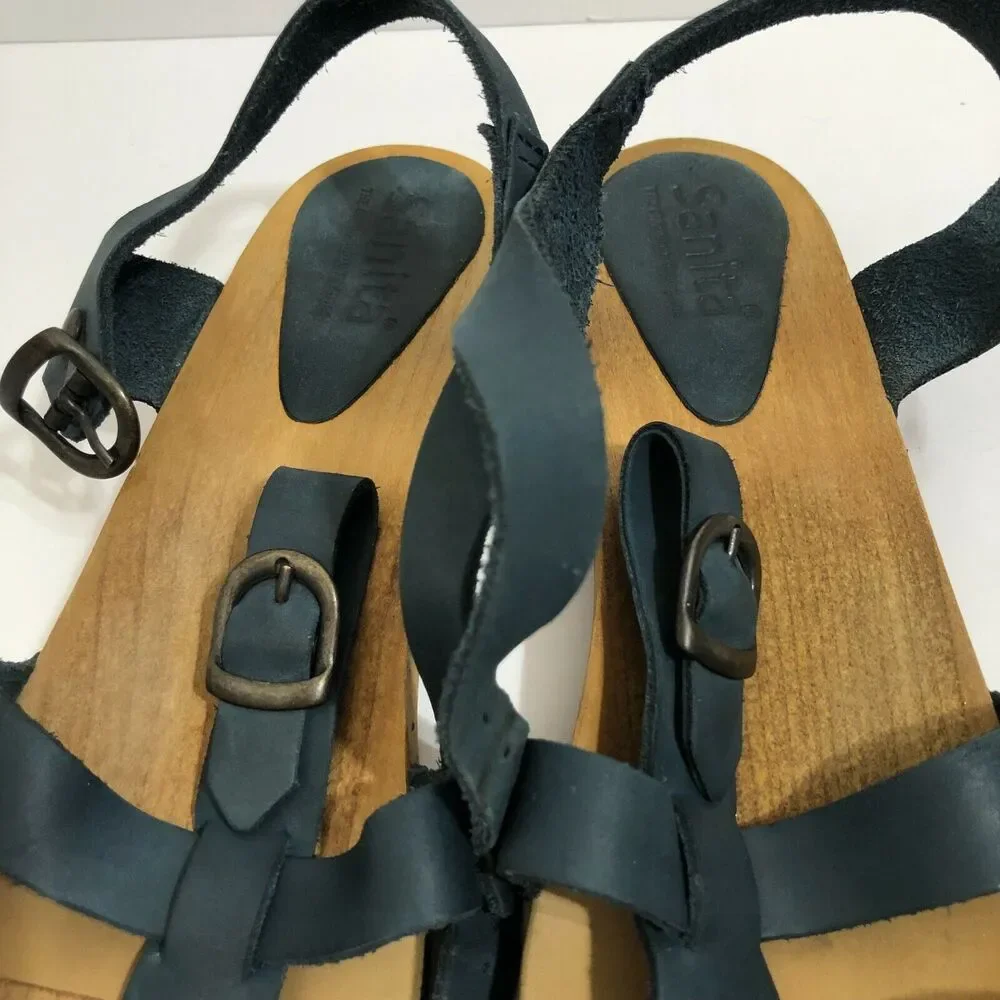 Sanita Olise Flex Blue Leather Wooden Platform Sandals Womens Size 38 US 7 - 7.5 - Picture 5 of 10
